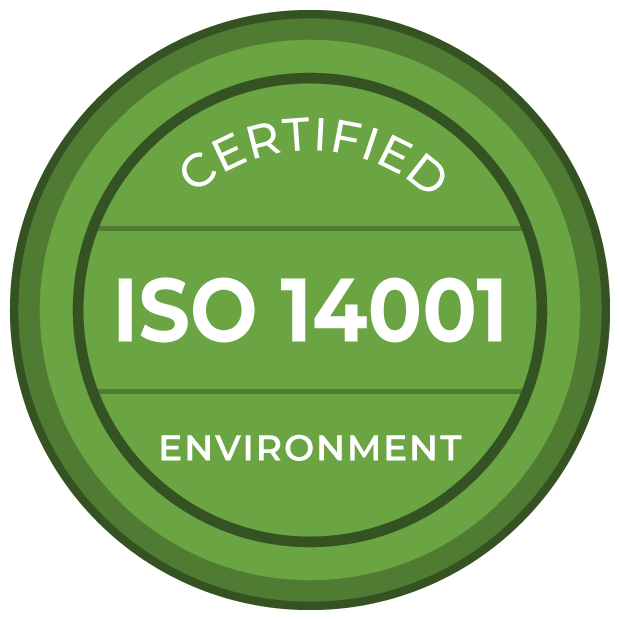 A green circular badge with the text "Certified ISO 14001 Environment" indicating environmental management certification.