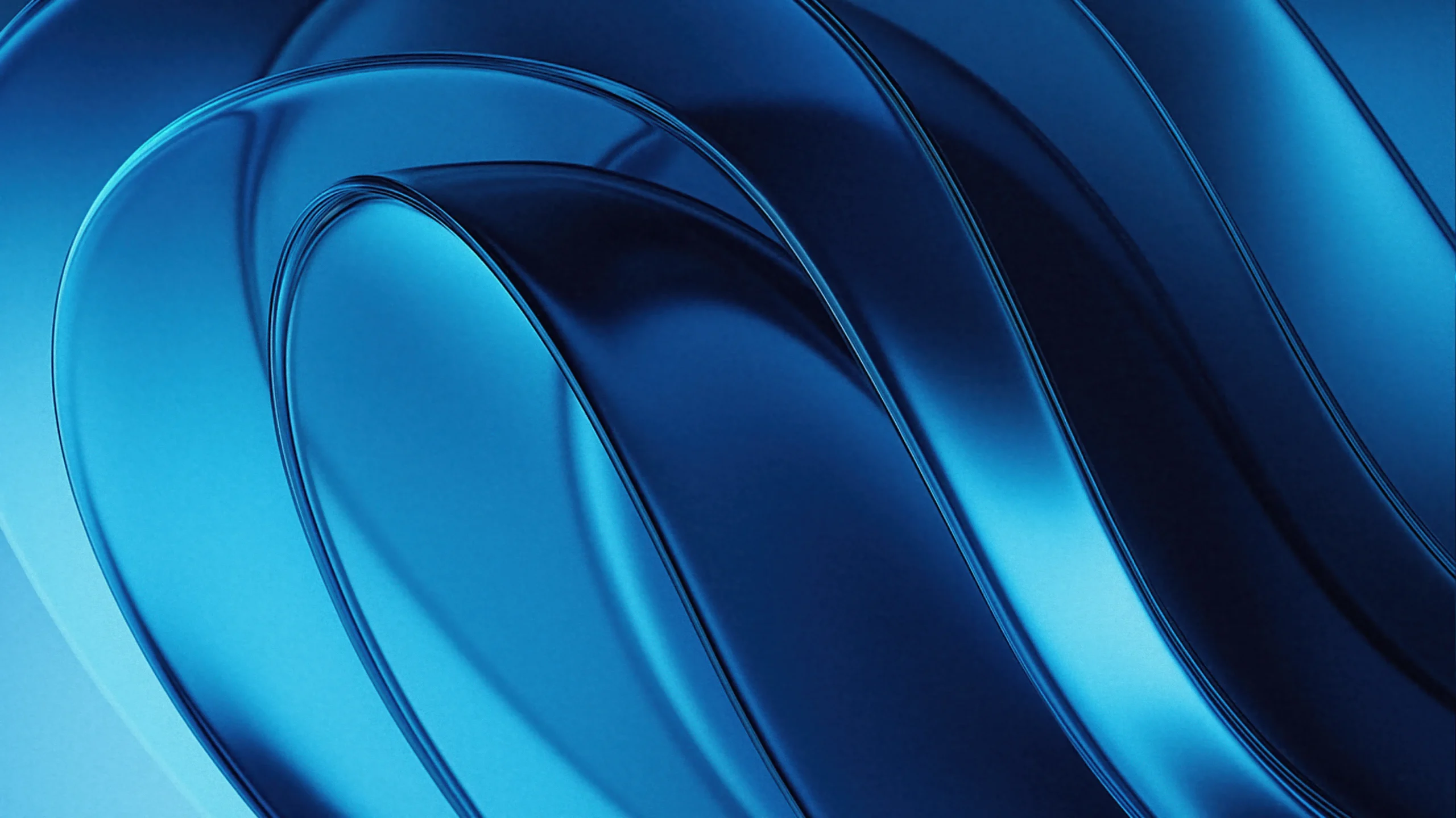 Curved, smooth blue metallic shapes overlap and create an abstract, wavy pattern with glossy reflections.