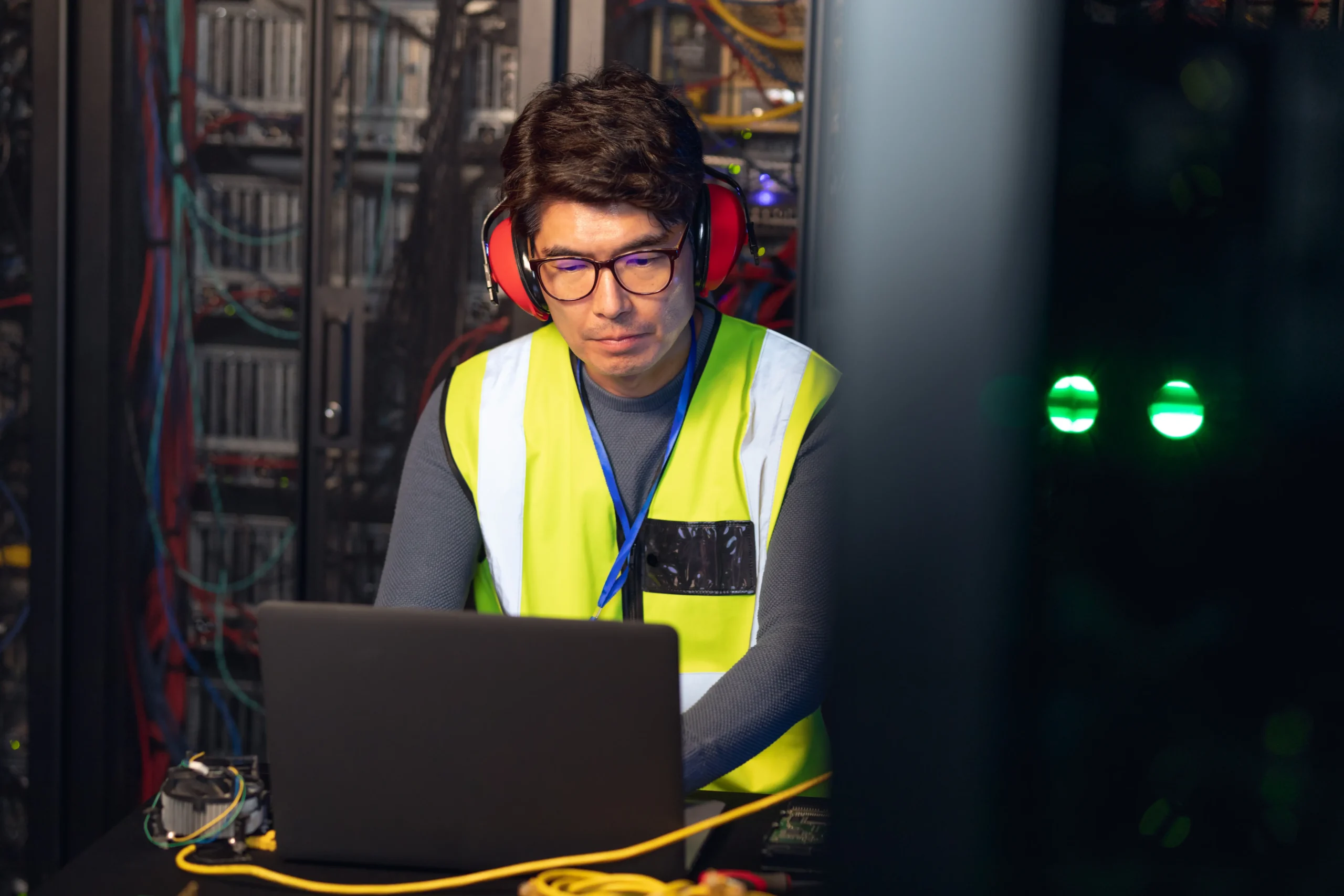 A person wearing a safety vest and ear protection works on a laptop in a server room with network cables and equipment in the background.